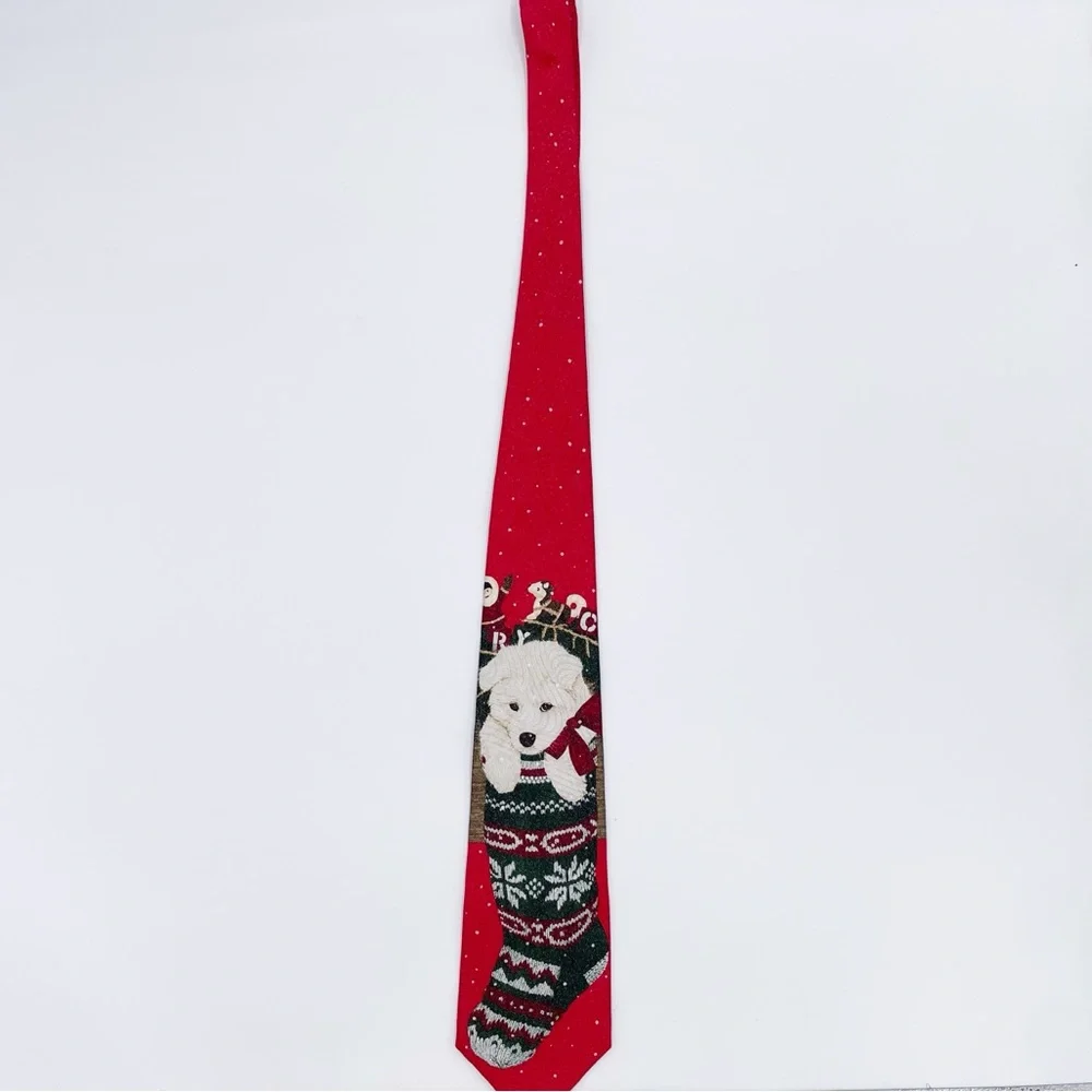 Vintage St. Nicks Tie Shop White Christmas Dog Stocking Red 100% Silk Men's Tie